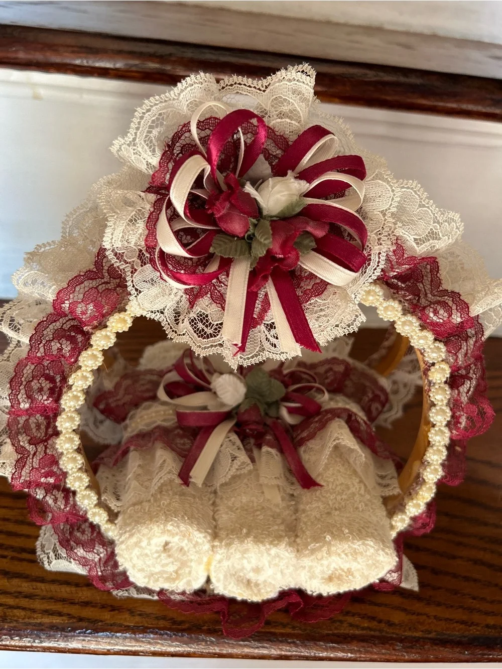 Cottage Core Lace Ribbon Decorative Basket with Rolled Towels - Cream & Burgundy